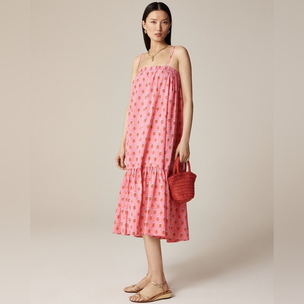 J. Crew Pink Printed Spaghetti-Strap Tiered Midi Dress